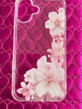 Clear Floral Phone Case with Pink Cherry Blossom Design Fits 16plus